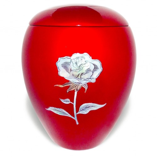 A Rose By Any Other Name - Adult Size Glass Fibre Cremation Ashes Urn - High Gloss Ruby Red & Mother of Pearl